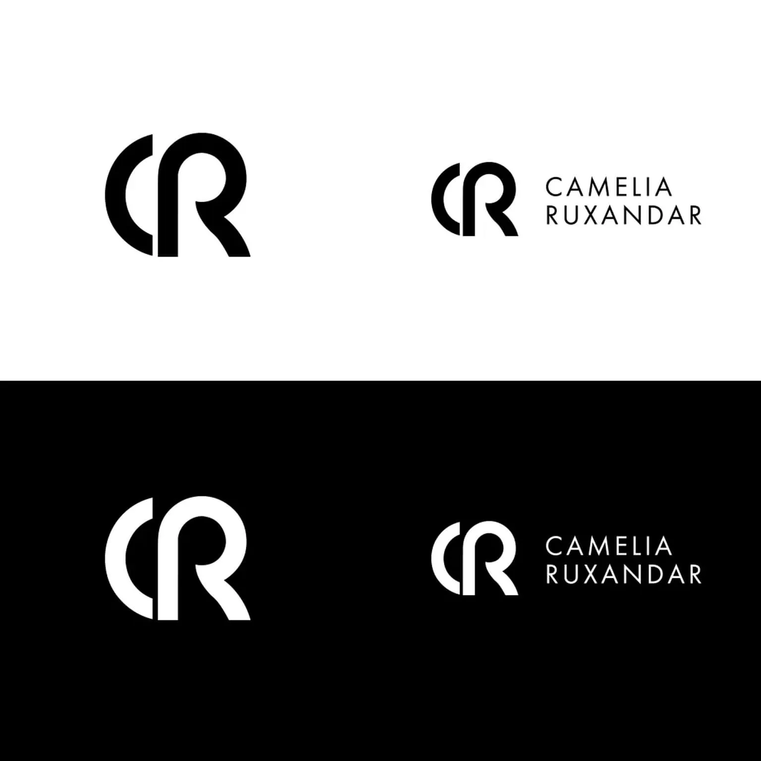 Camelia Ruxandar logo and wordmark shown in black-on-white and white-on-black versions