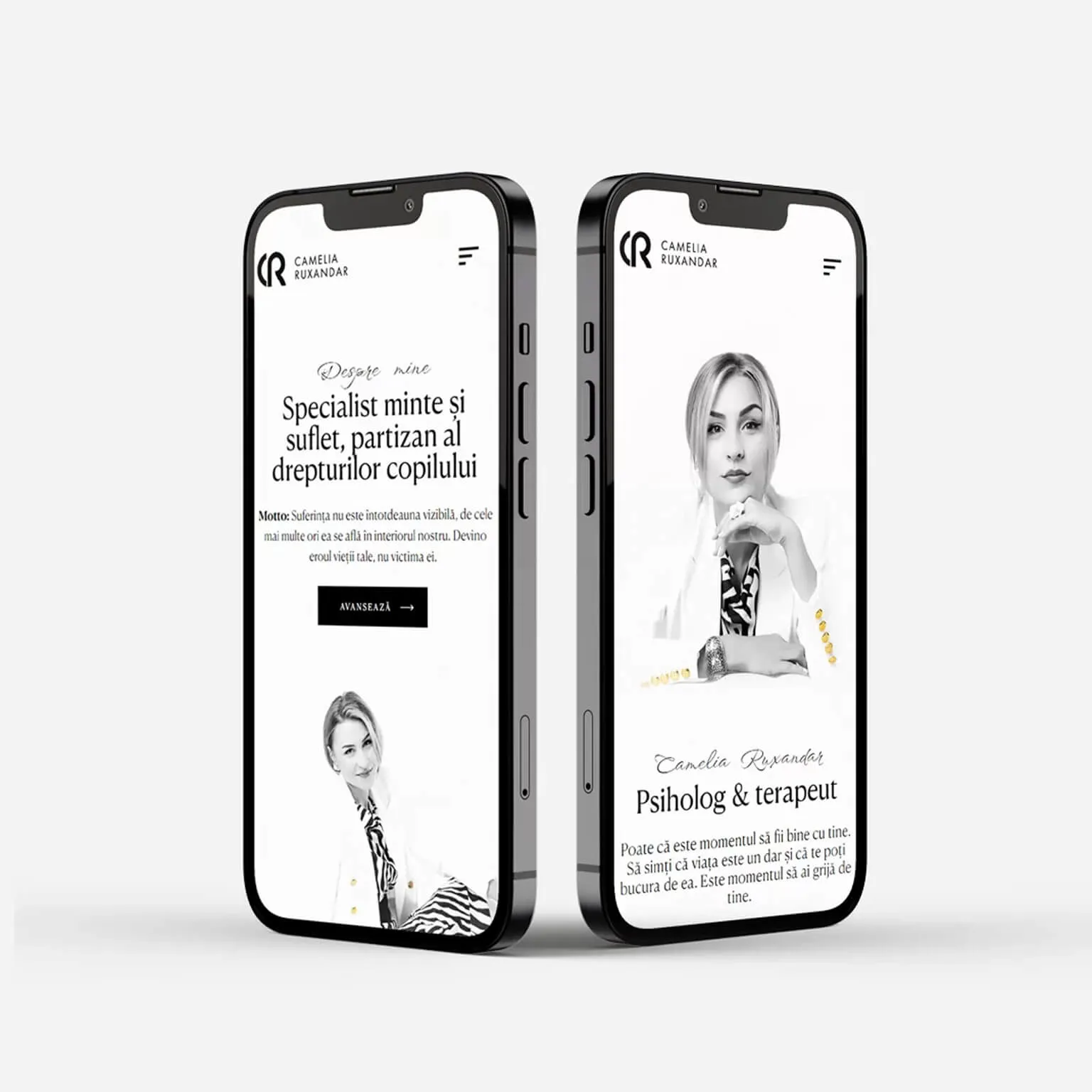 Camelia Ruxandar mobile site screens showing her "About me" intro and psychologist bio
