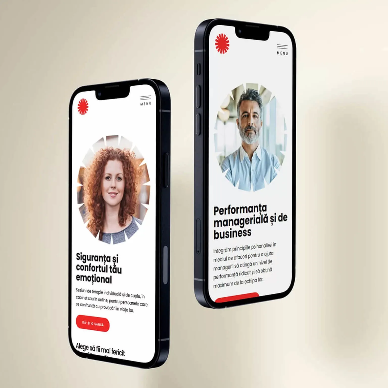 Insidemind mobile site screens for individual therapy and business/managerial performance services