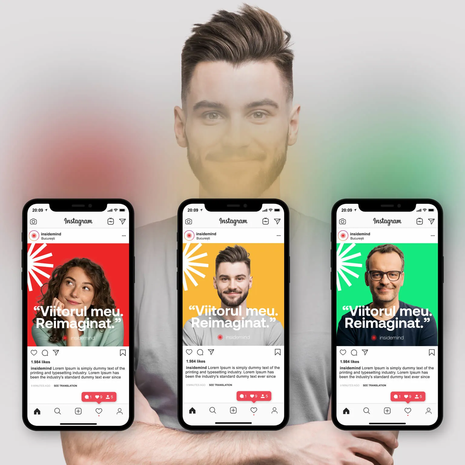 Insidemind Instagram post templates featuring three clients under the tagline "Viitorul meu. Reimaginat."