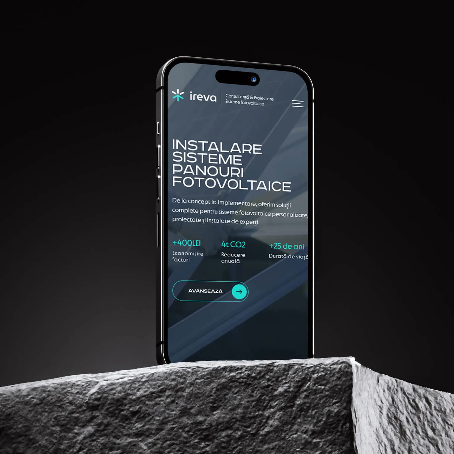 Ireva mobile site homepage showing the solar panel installation hero and savings stats