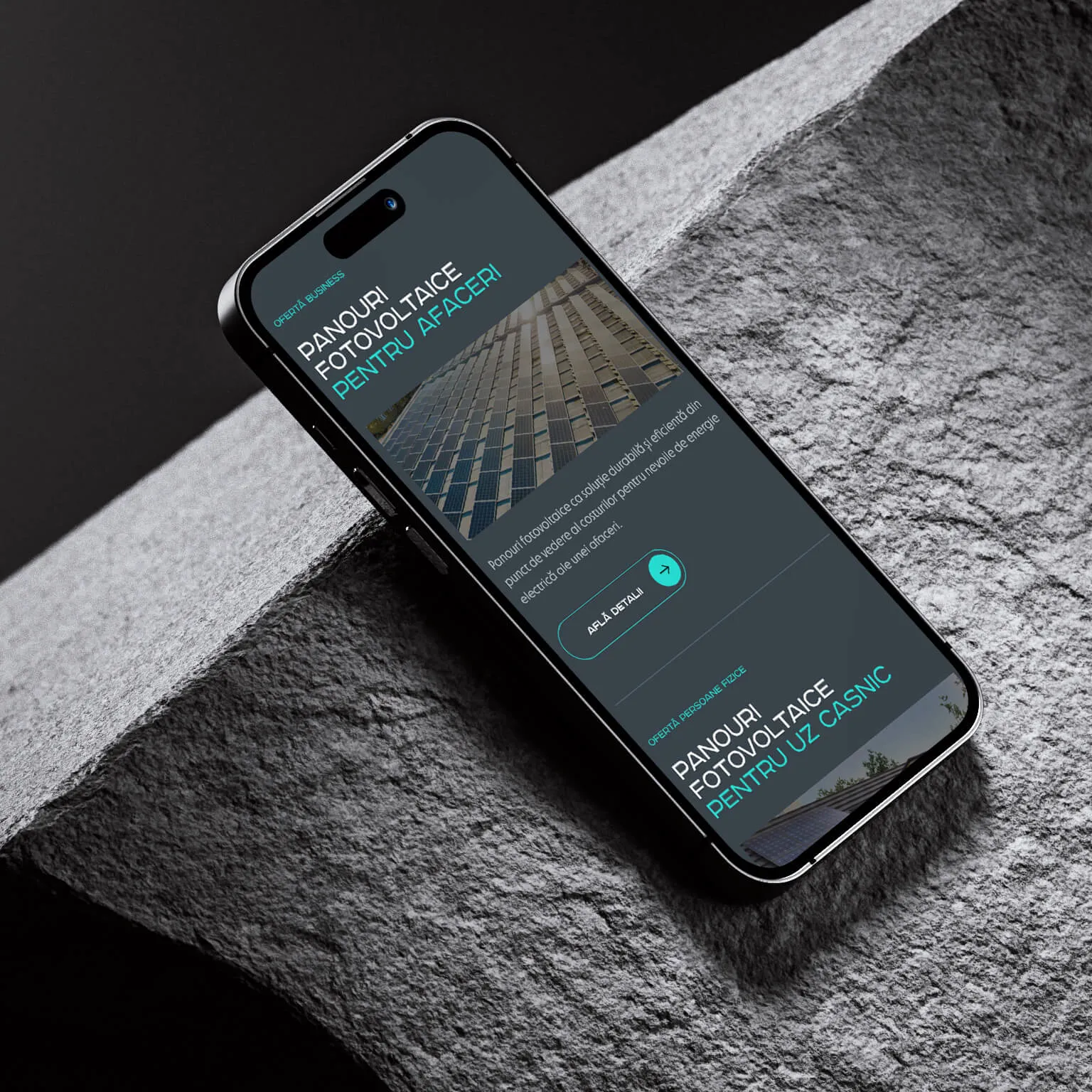 Ireva mobile site showing the business and residential solar panel offer sections