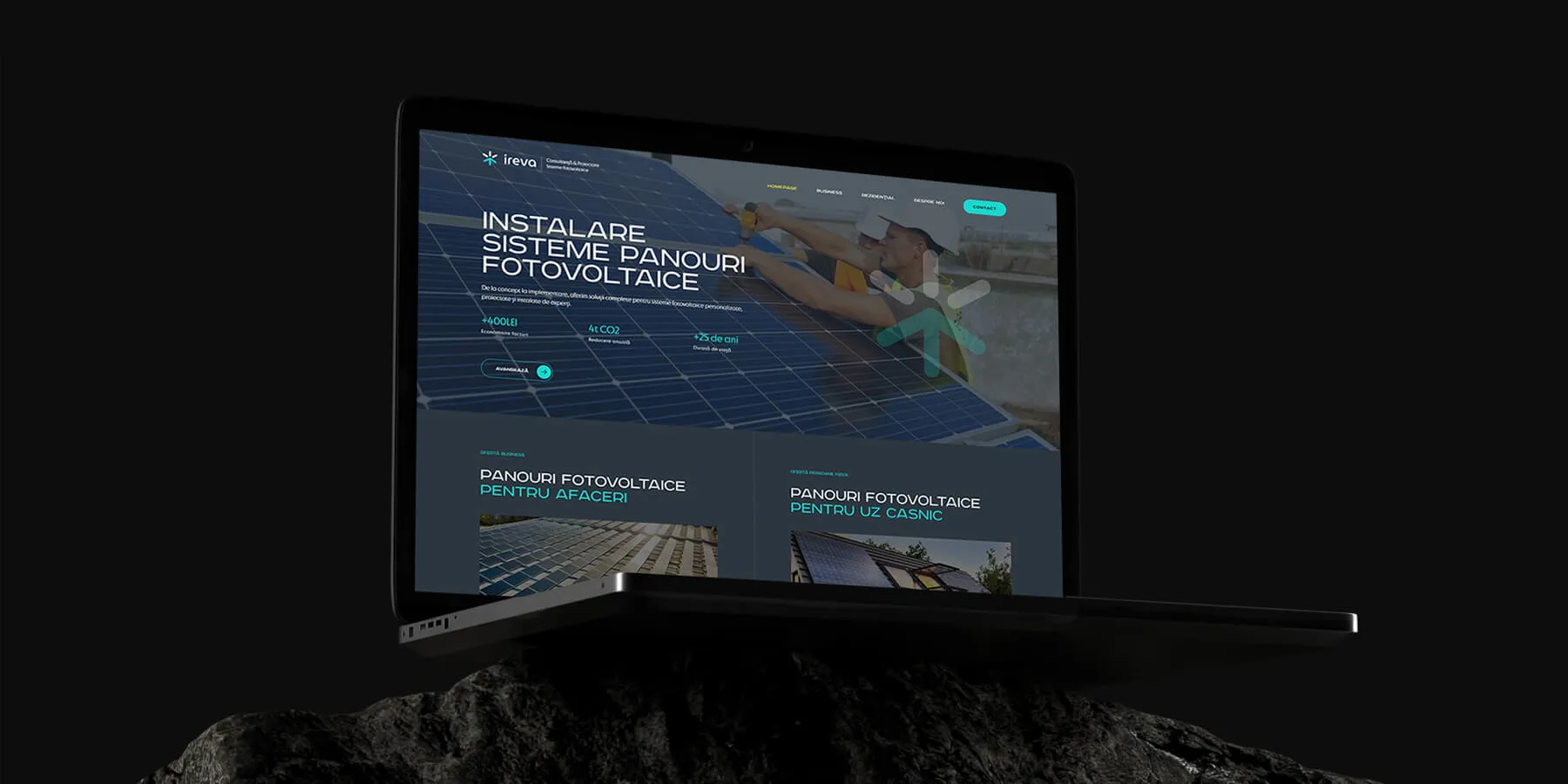 Ireva desktop site homepage on a laptop, showing installers on a rooftop solar array