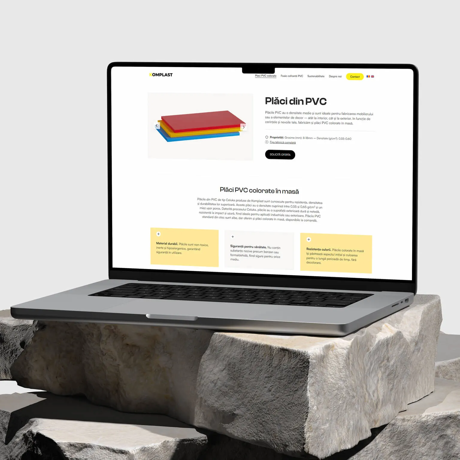 Komplast website product page for colored PVC sheets, showing specs and material benefits