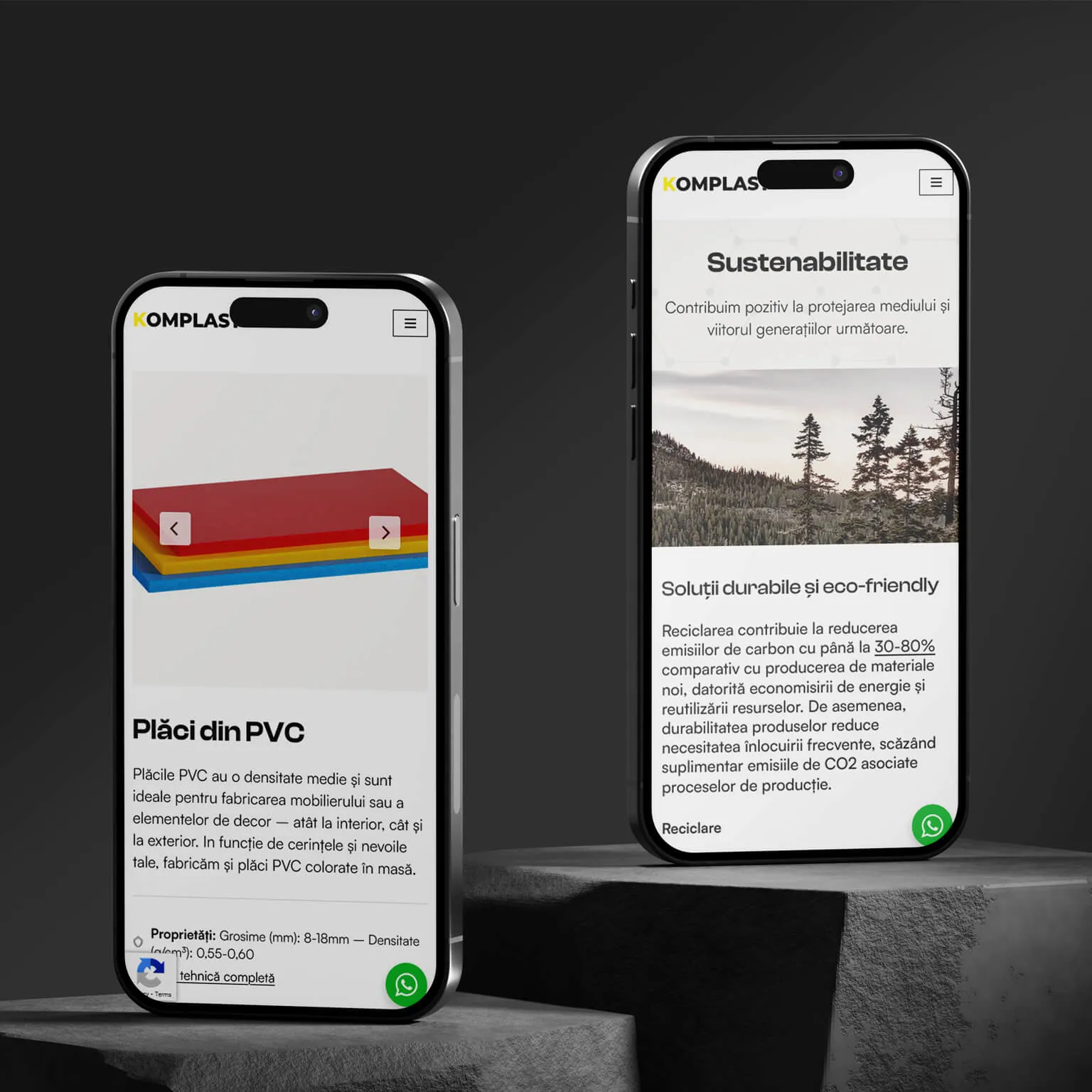 Komplast mobile site screens for the PVC sheets product page and the sustainability page