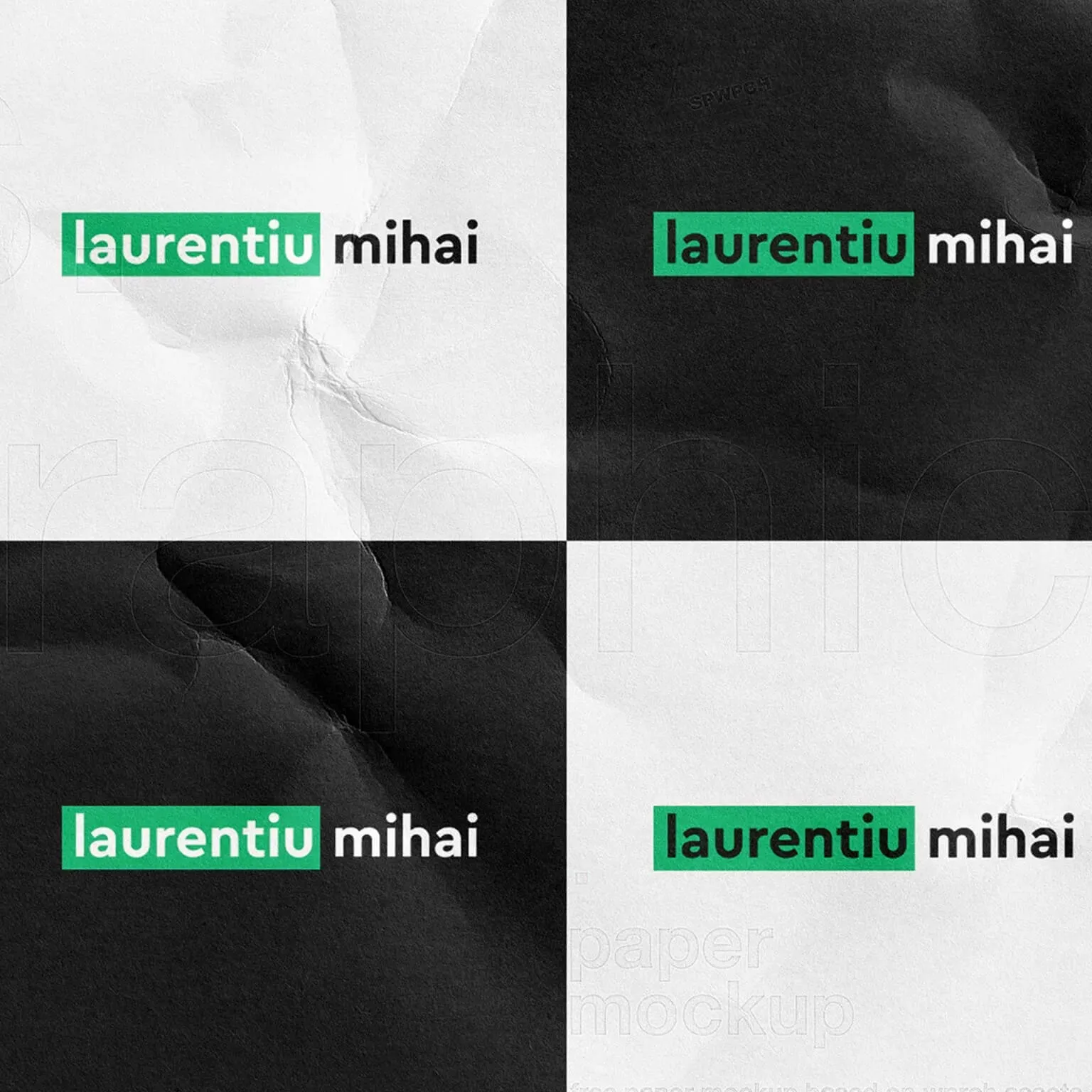 Laurentiu Mihai wordmark shown on light and dark crumpled paper backgrounds