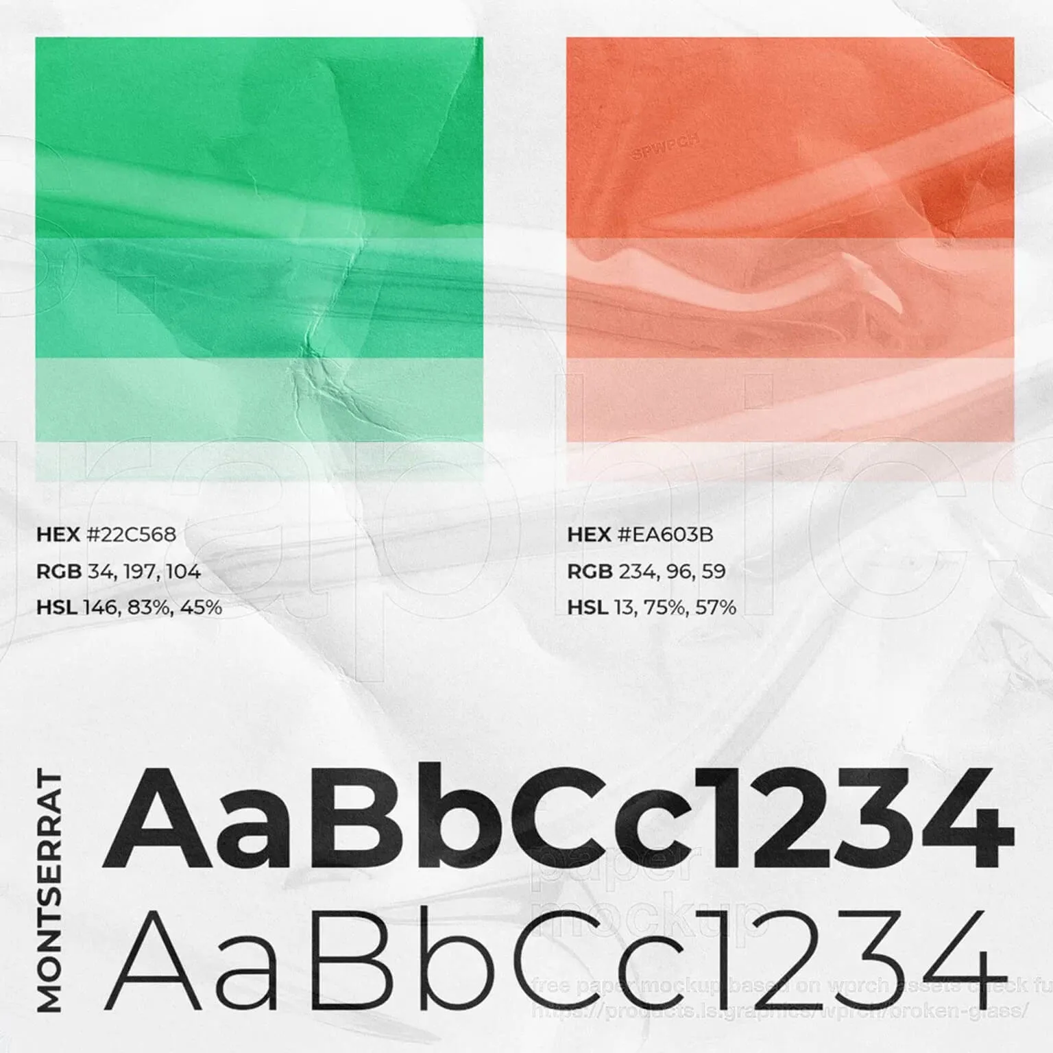 Laurentiu Mihai brand palette swatches (green and coral) and the Montserrat typeface specimen