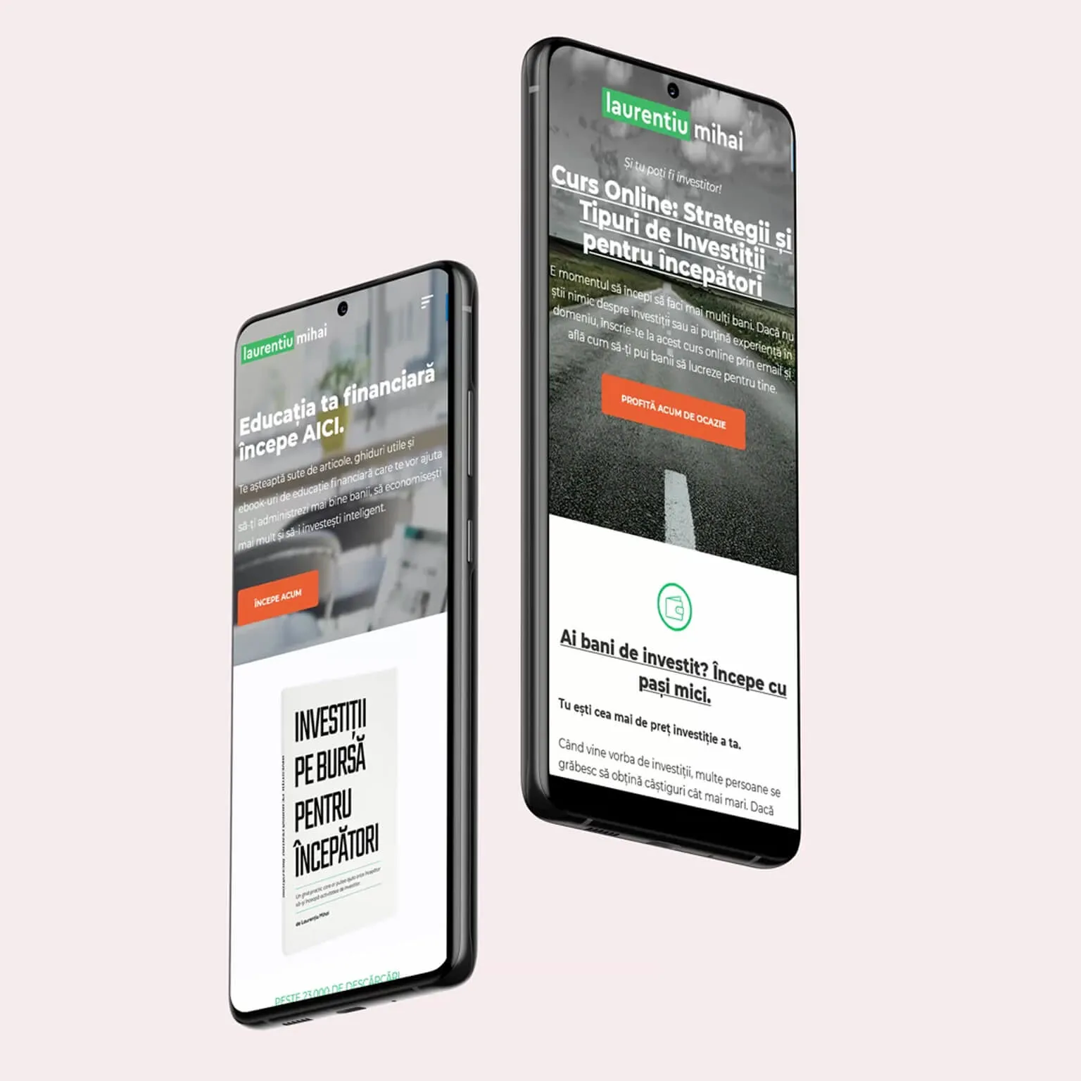 Laurentiu Mihai mobile site screens for the homepage and the online investing course landing page