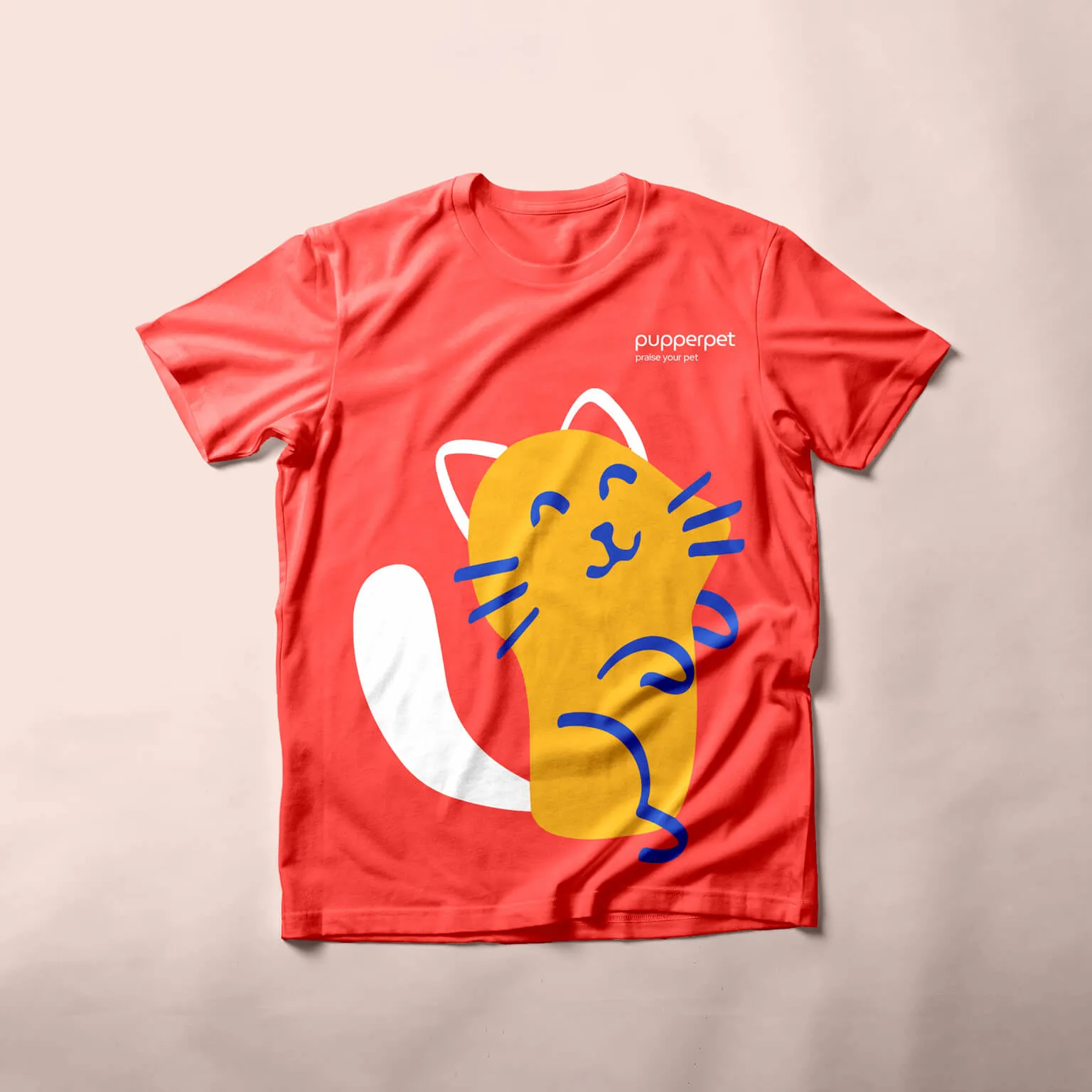 Red Pupperpet t-shirt printed with a yellow cat mascot illustration