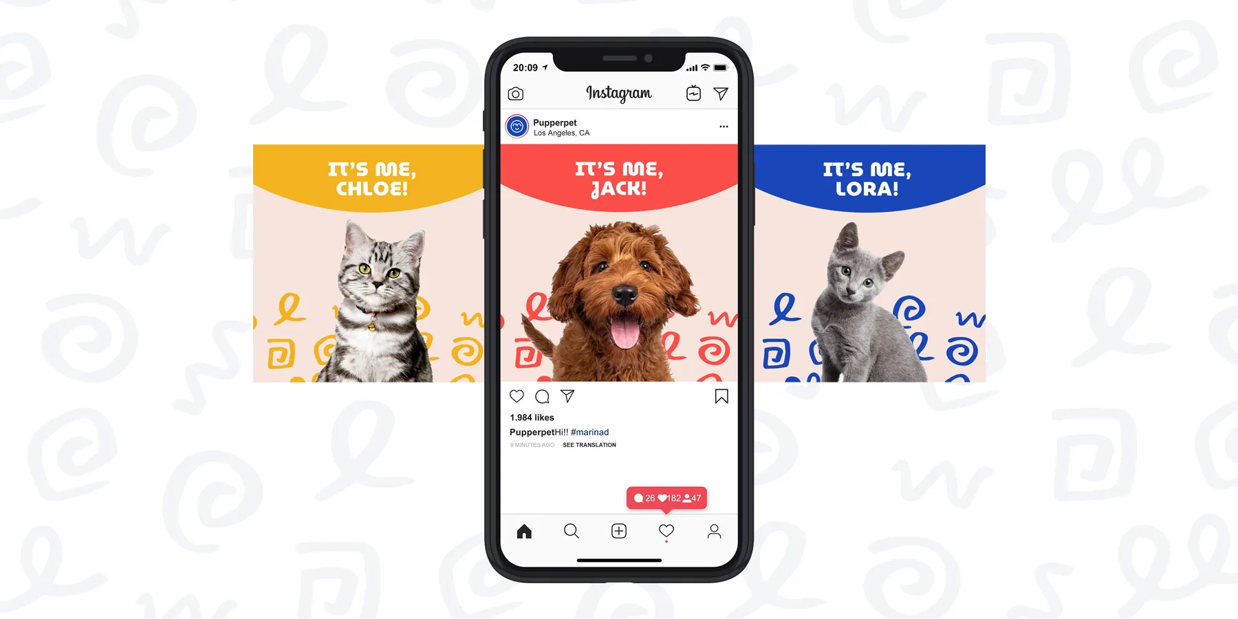 Pupperpet Instagram post mockup showing pet photos captioned "It's me, Chloe/Jack/Lora"